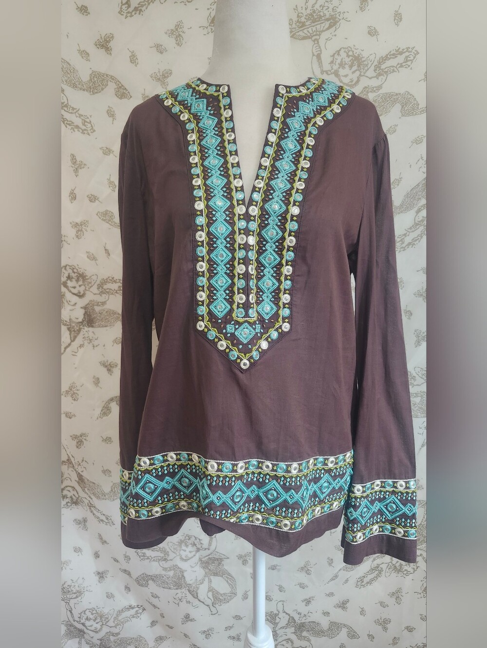 Embroidered Tunic Top in Chocolate Brown with Turquoise Accents